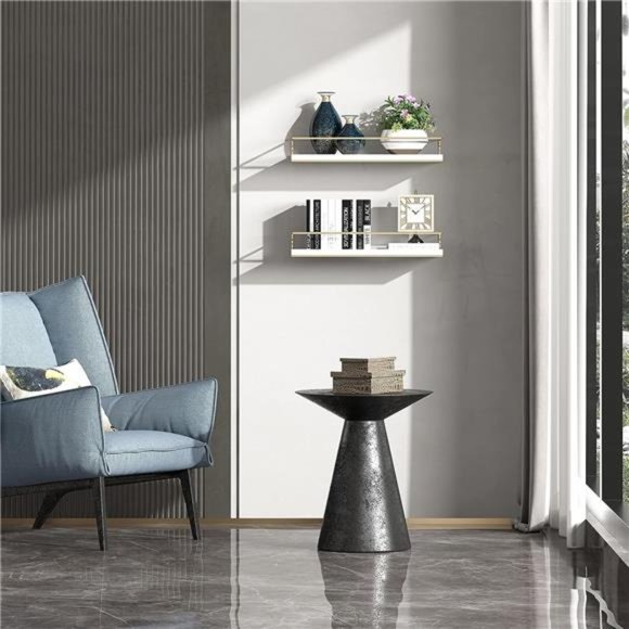 White Floating Shelves - Set of 2, Wall Mounted Hanging Shelves with Golden Rack - Picture 5 of 6